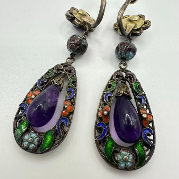 Antique Chinese silver gold plated amethyst cloisonné enamel screw back earrings - Picture 7 of 10